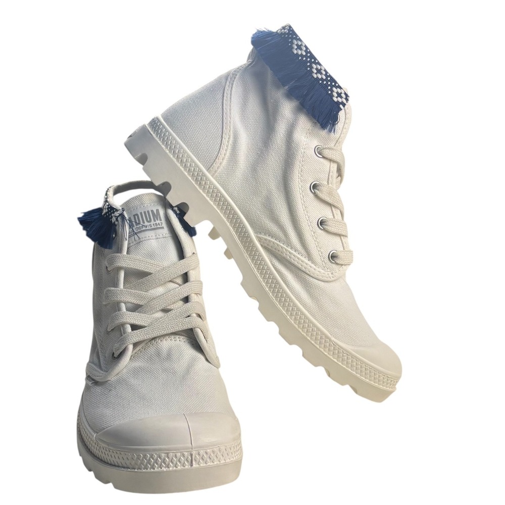 Palladium Pampa Hi White Canvas Boots Blue Fringe Design‎ Women's Size 9 NWB